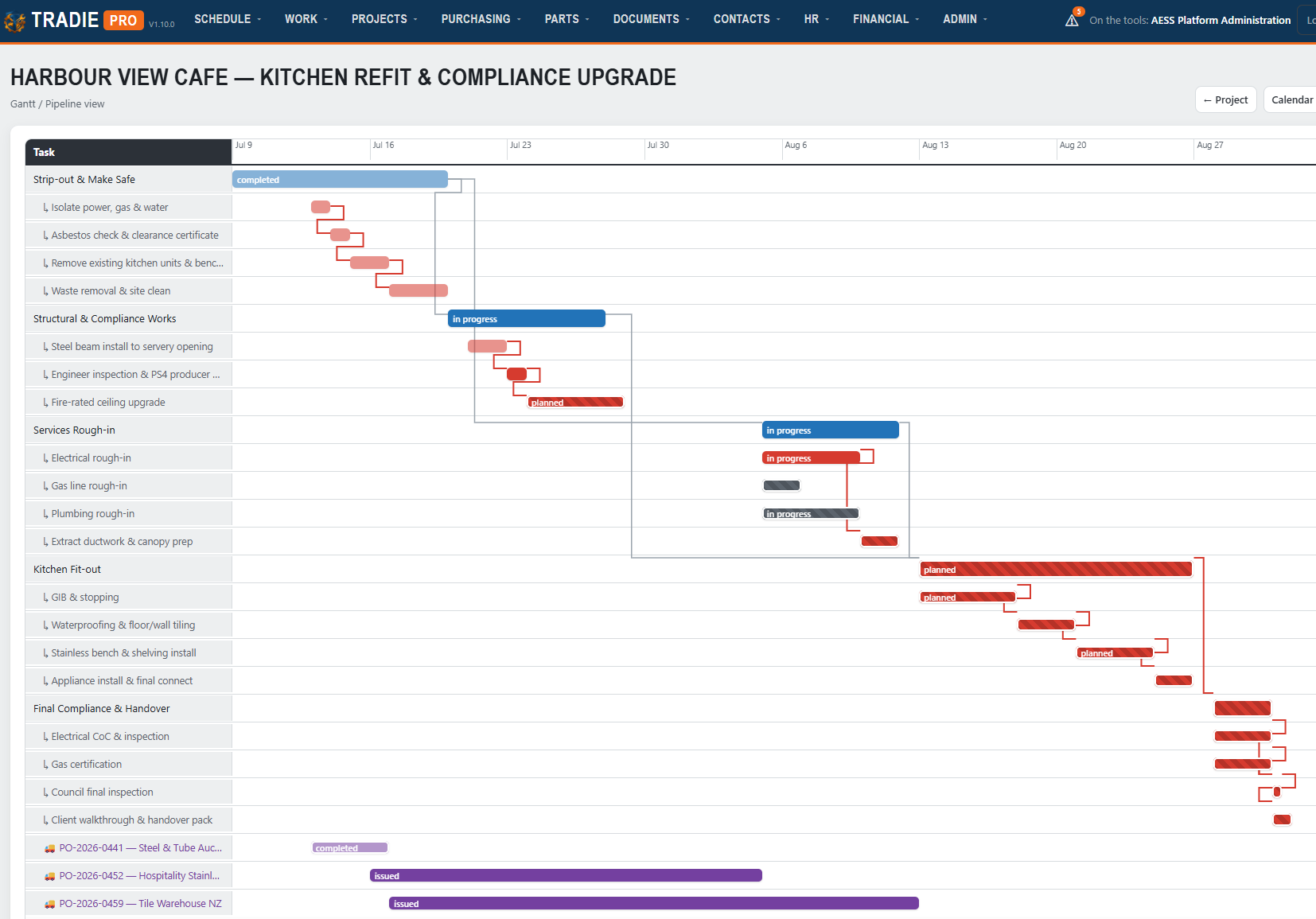 TradiePro gantt chart showing project sequencing and schedule